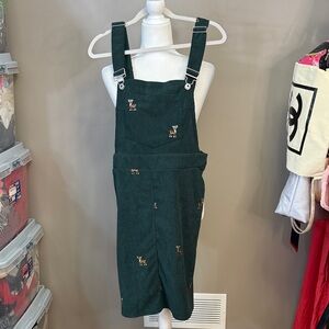 Green Corduroy Overall Dress with Embroidered Deer